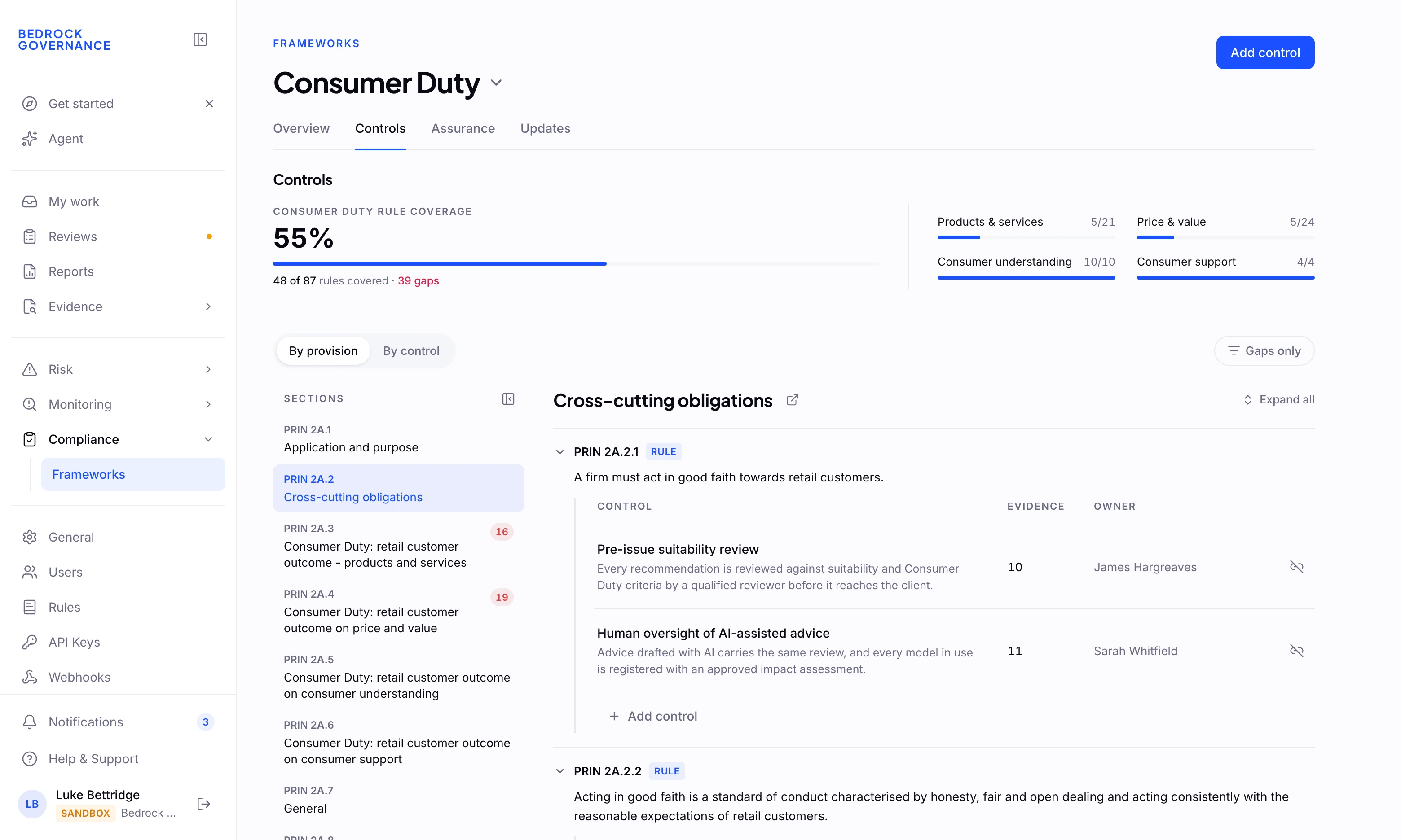 The Consumer Duty framework showing controls mapped to PRIN 2A provisions, each with its evidence count and owner