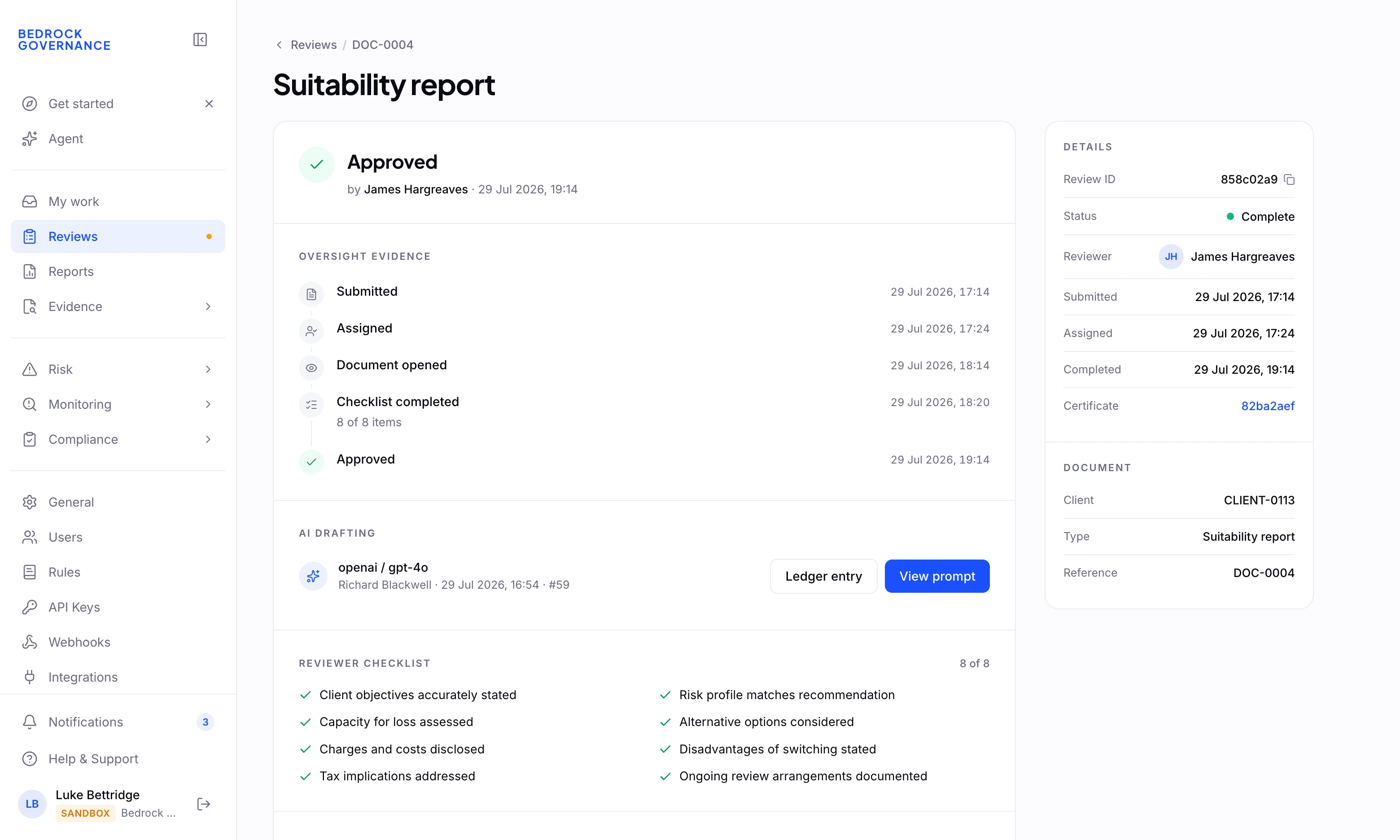 The review workspace showing an approved suitability report, its AI drafting record, and a completed reviewer checklist