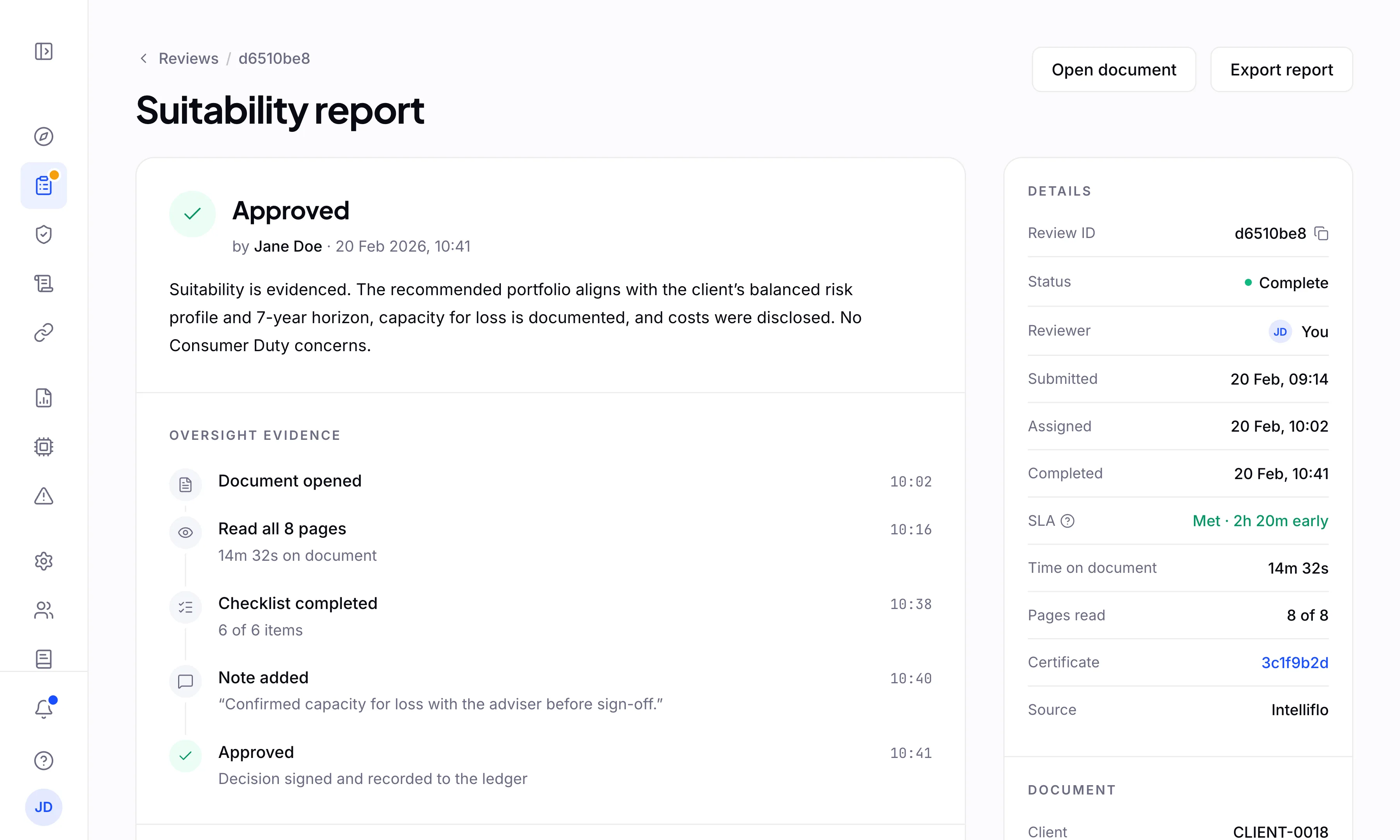 A completed review showing the oversight timeline, turnaround status, and signed decision