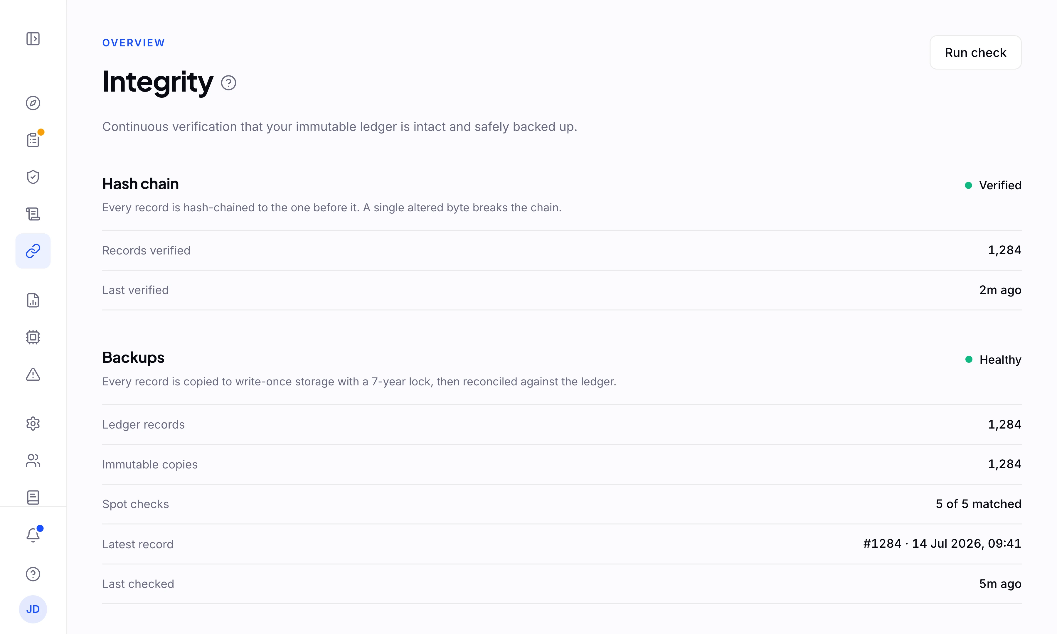 The Bedrock integrity view showing a verified record and healthy backups